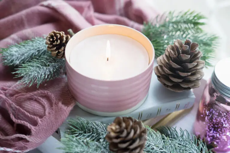 A lit candle with pine cones and pine tree branches