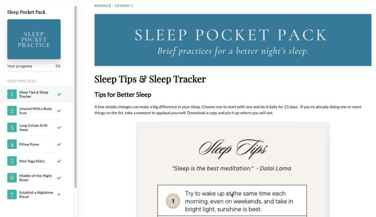 Sleep Pocket Pack module preview with guided practices and tools